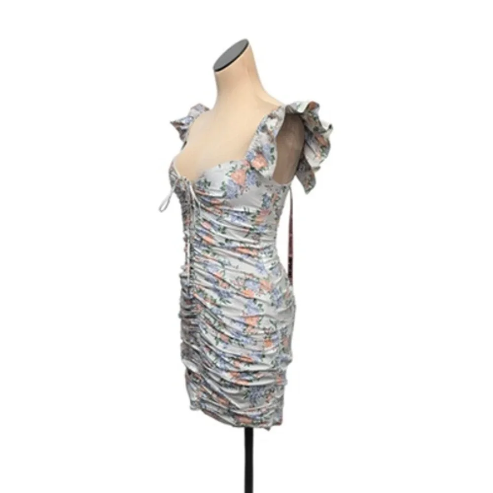 House of CB Mini Dress Womens Small Floral Kara Ruched Ruffle Sleeve Lace Up - Picture 9 of 12